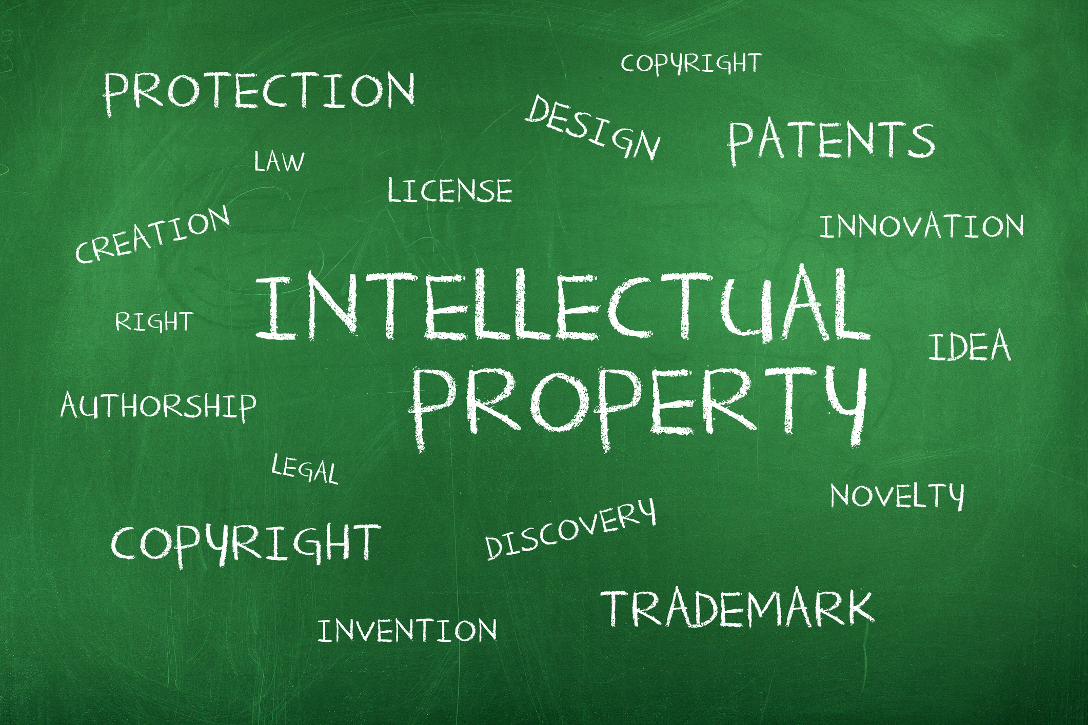 Intellectual Property word cloud on green blackboard